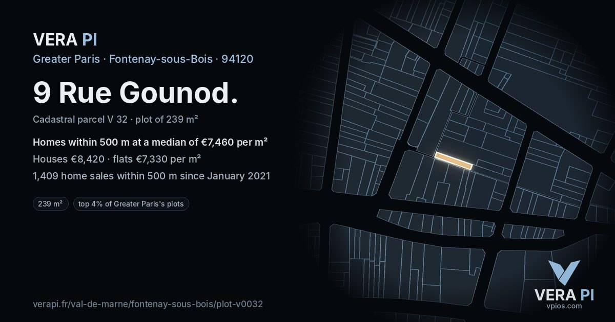 9 Rue Gounod, Fontenay-sous-Bois at night – the plot lit, the parcels around coloured by the prices near them