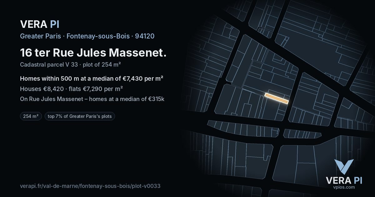 16 ter Rue Jules Massenet, Fontenay-sous-Bois at night – the plot lit, the parcels around coloured by the prices near them