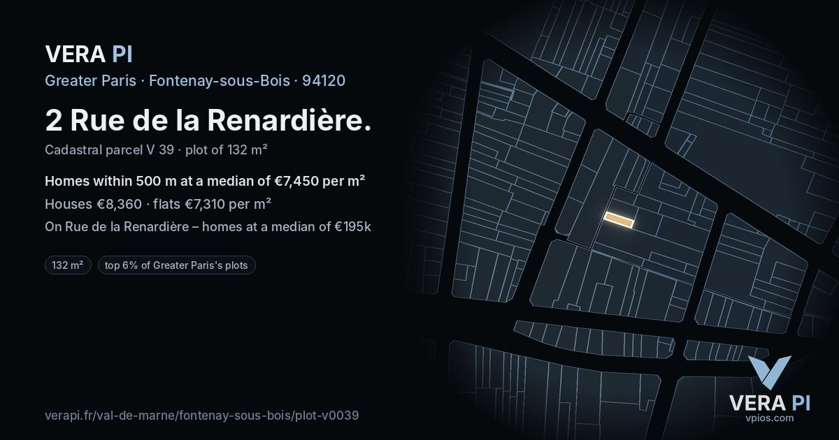 2 Rue de la Renardière, Fontenay-sous-Bois at night – the plot lit, the parcels around coloured by the prices near them