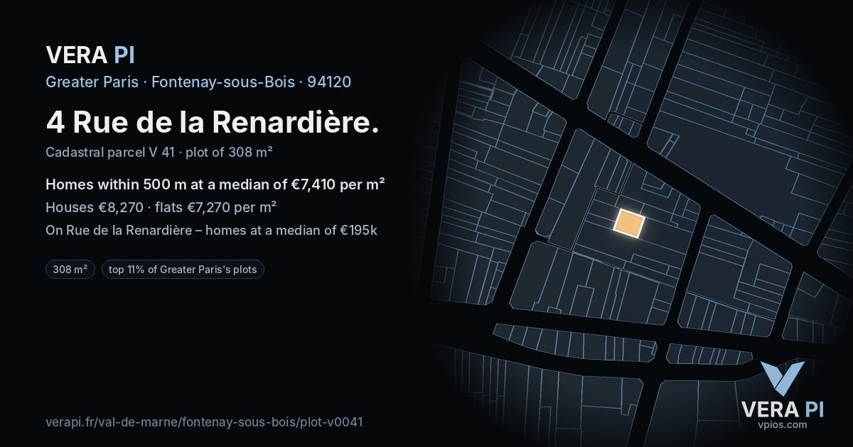 4 Rue de la Renardière, Fontenay-sous-Bois at night – the plot lit, the parcels around coloured by the prices near them