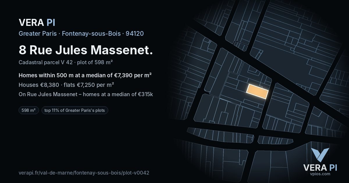 8 Rue Jules Massenet, Fontenay-sous-Bois at night – the plot lit, the parcels around coloured by the prices near them