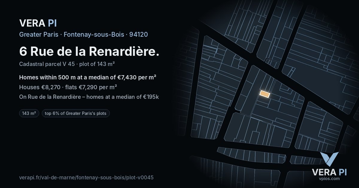 6 Rue de la Renardière, Fontenay-sous-Bois at night – the plot lit, the parcels around coloured by the prices near them
