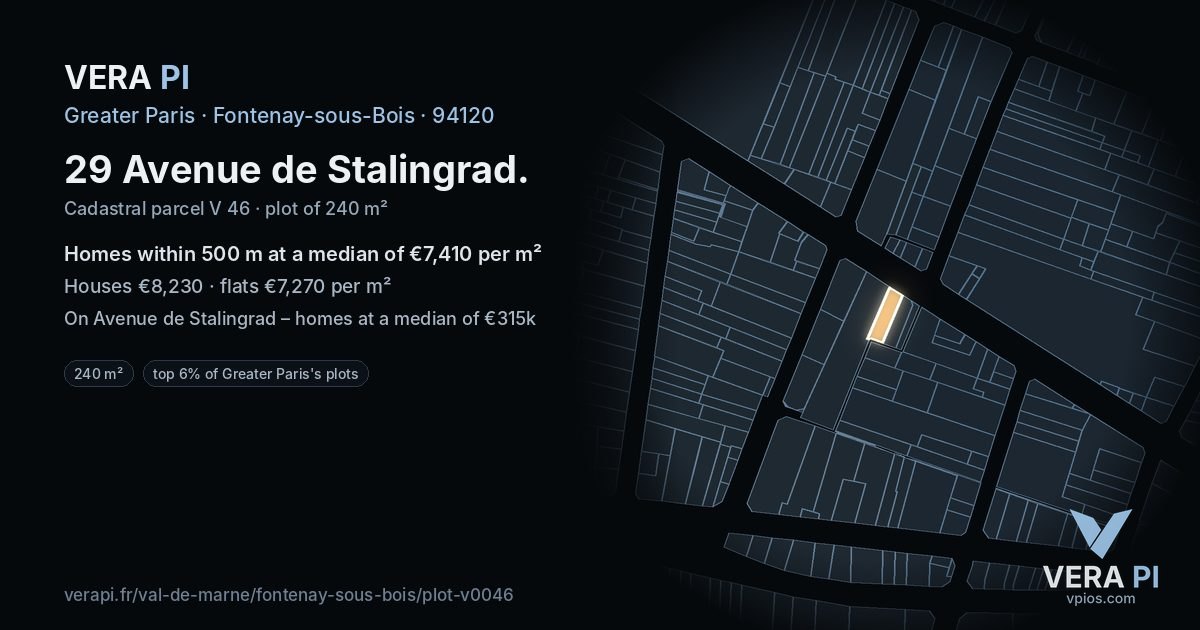 29 Avenue de Stalingrad, Fontenay-sous-Bois at night – the plot lit, the parcels around coloured by the prices near them