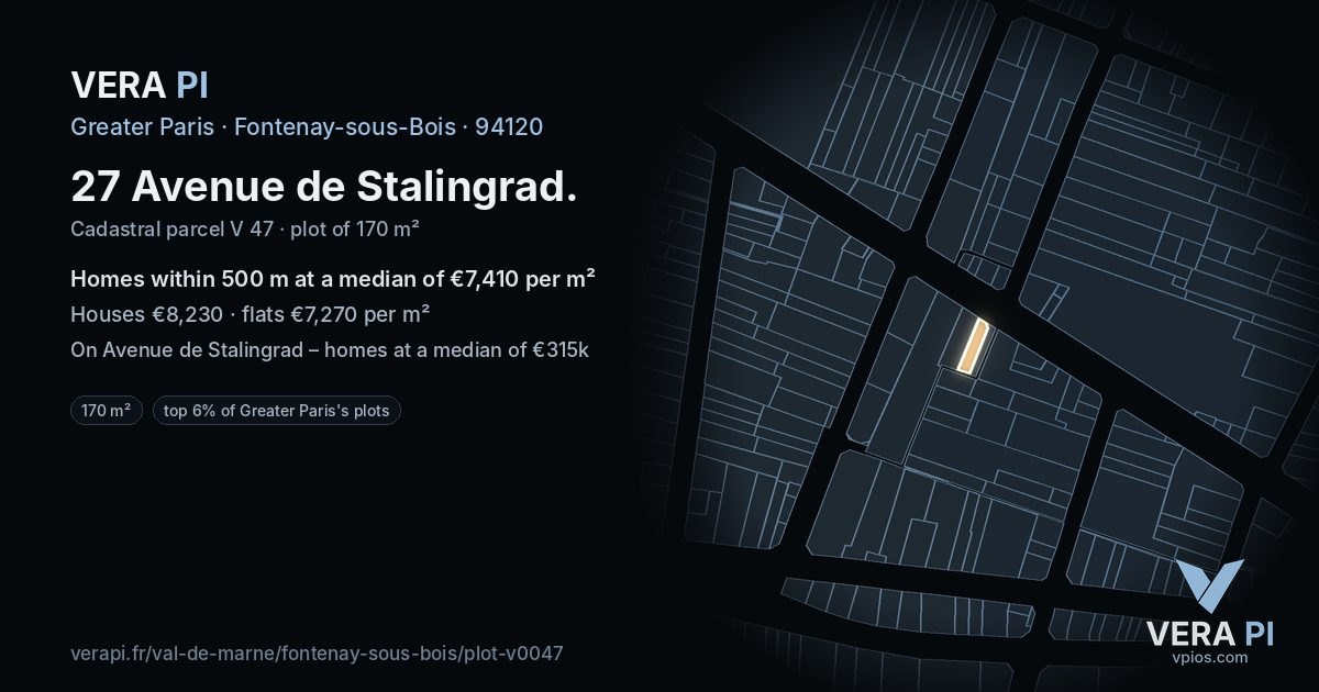 27 Avenue de Stalingrad, Fontenay-sous-Bois at night – the plot lit, the parcels around coloured by the prices near them