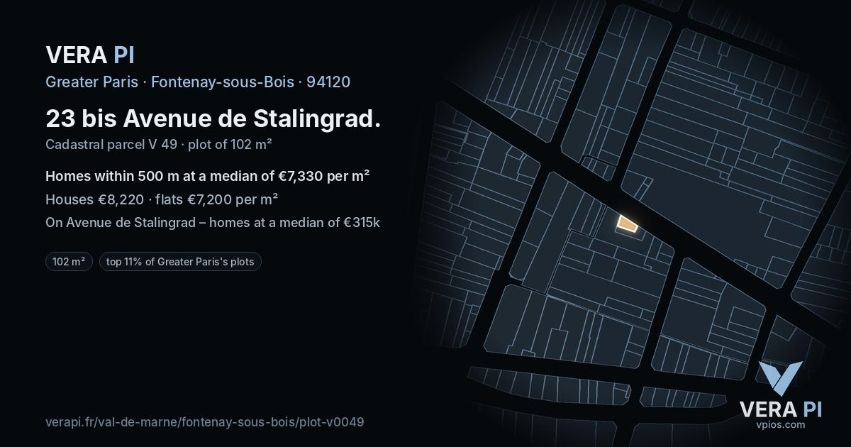 23 bis Avenue de Stalingrad, Fontenay-sous-Bois at night – the plot lit, the parcels around coloured by the prices near them