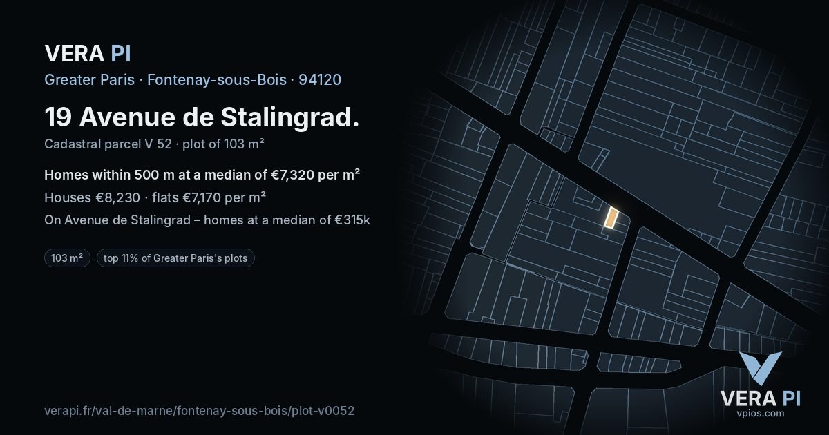 19 Avenue de Stalingrad, Fontenay-sous-Bois at night – the plot lit, the parcels around coloured by the prices near them