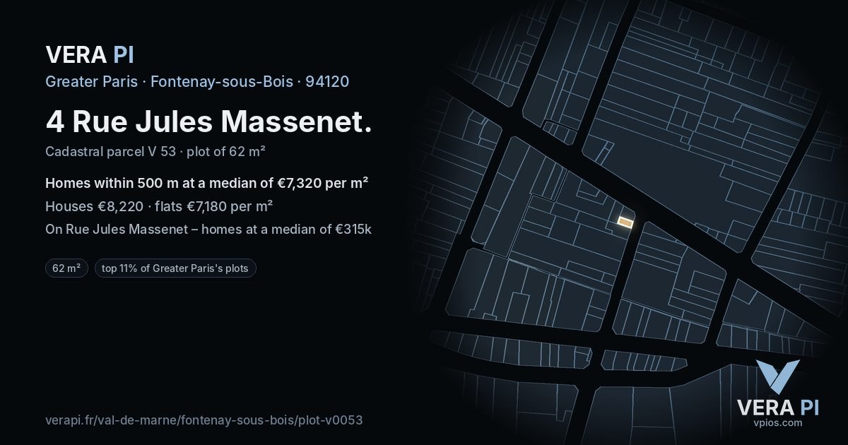 4 Rue Jules Massenet, Fontenay-sous-Bois at night – the plot lit, the parcels around coloured by the prices near them