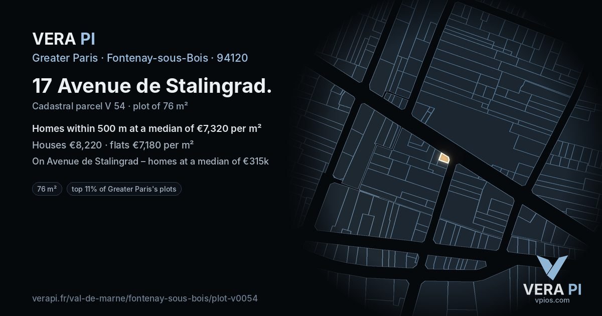 17 Avenue de Stalingrad, Fontenay-sous-Bois at night – the plot lit, the parcels around coloured by the prices near them