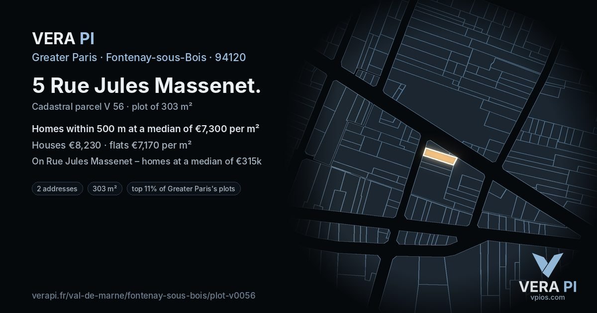 5 Rue Jules Massenet, Fontenay-sous-Bois at night – the plot lit, the parcels around coloured by the prices near them