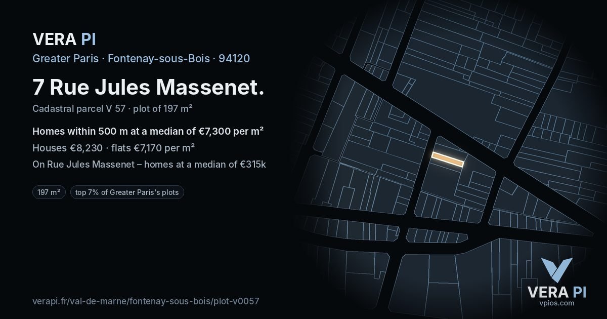 7 Rue Jules Massenet, Fontenay-sous-Bois at night – the plot lit, the parcels around coloured by the prices near them
