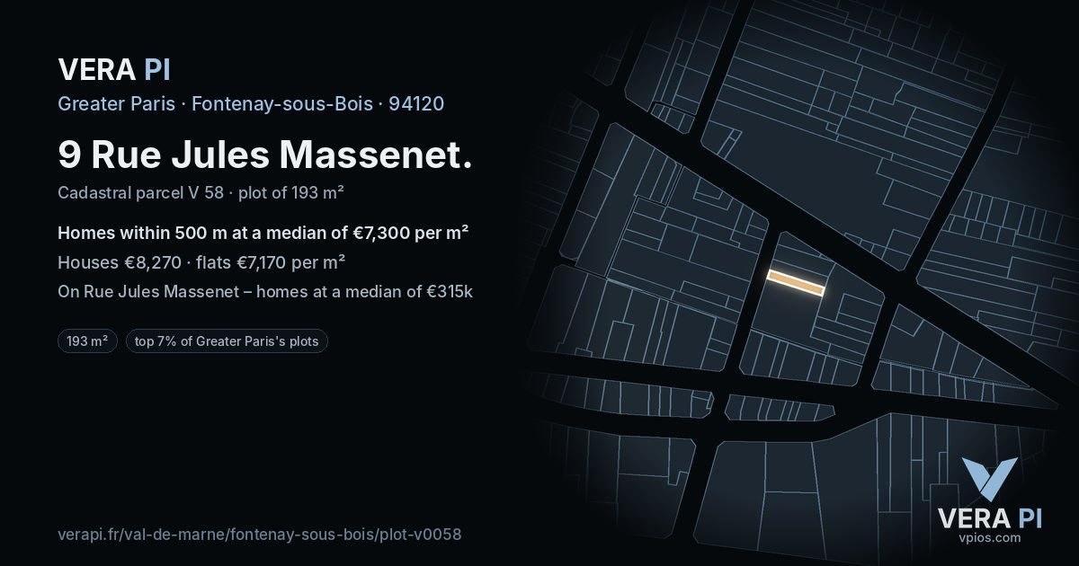 9 Rue Jules Massenet, Fontenay-sous-Bois at night – the plot lit, the parcels around coloured by the prices near them