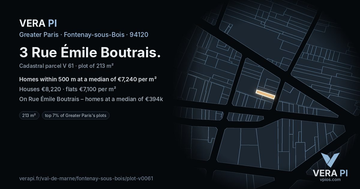 3 Rue Émile Boutrais, Fontenay-sous-Bois at night – the plot lit, the parcels around coloured by the prices near them