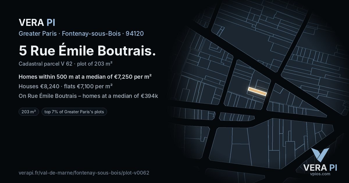5 Rue Émile Boutrais, Fontenay-sous-Bois at night – the plot lit, the parcels around coloured by the prices near them