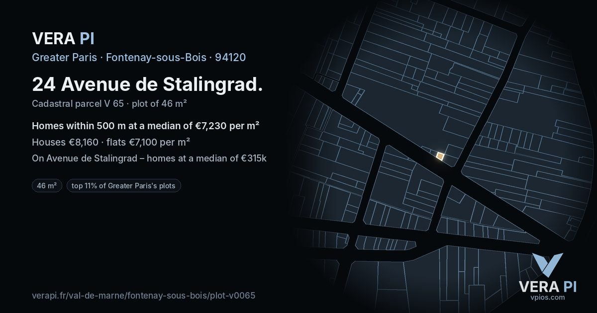 24 Avenue de Stalingrad, Fontenay-sous-Bois at night – the plot lit, the parcels around coloured by the prices near them