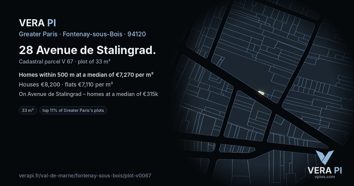 28 Avenue de Stalingrad, Fontenay-sous-Bois at night – the plot lit, the parcels around coloured by the prices near them
