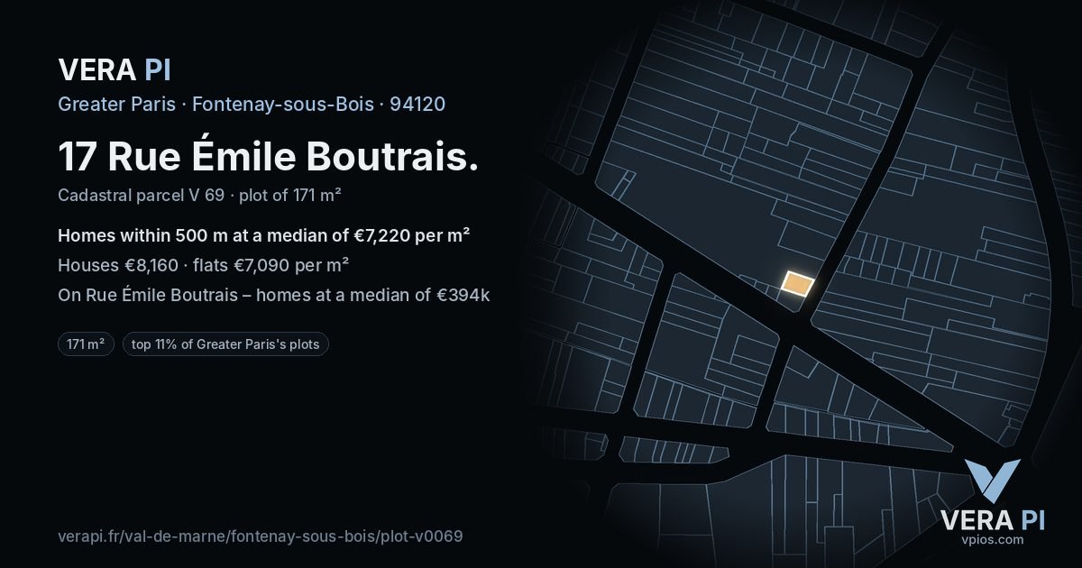 17 Rue Émile Boutrais, Fontenay-sous-Bois at night – the plot lit, the parcels around coloured by the prices near them