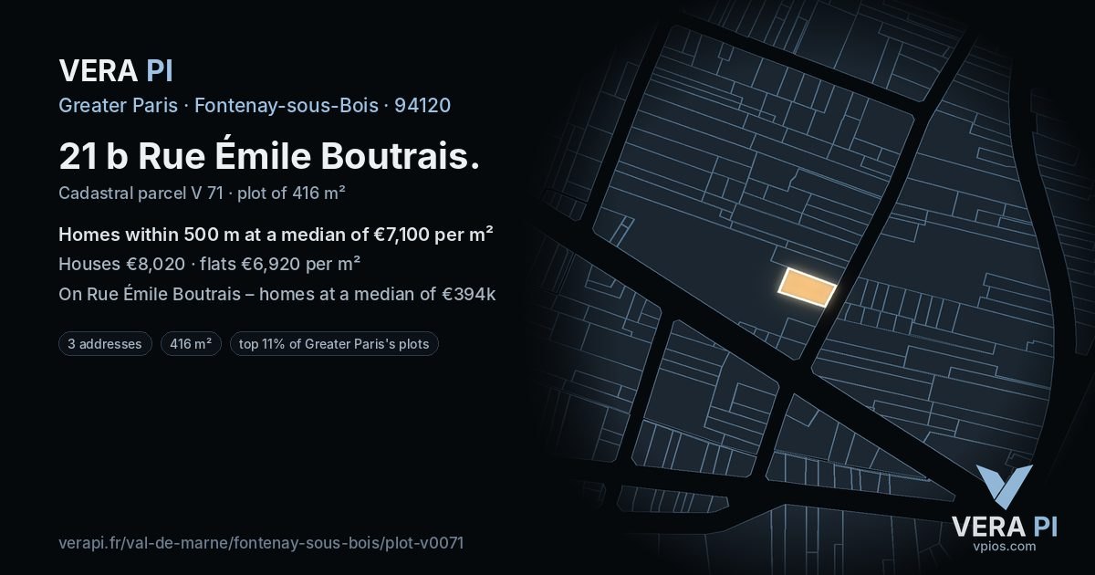 21 b Rue Émile Boutrais, Fontenay-sous-Bois at night – the plot lit, the parcels around coloured by the prices near them