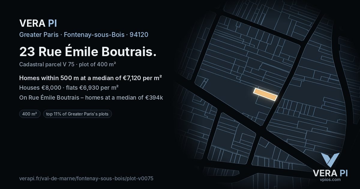 23 Rue Émile Boutrais, Fontenay-sous-Bois at night – the plot lit, the parcels around coloured by the prices near them