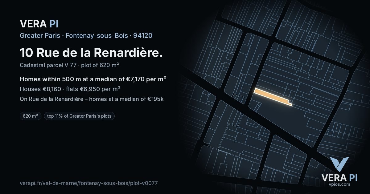 10 Rue de la Renardière, Fontenay-sous-Bois at night – the plot lit, the parcels around coloured by the prices near them