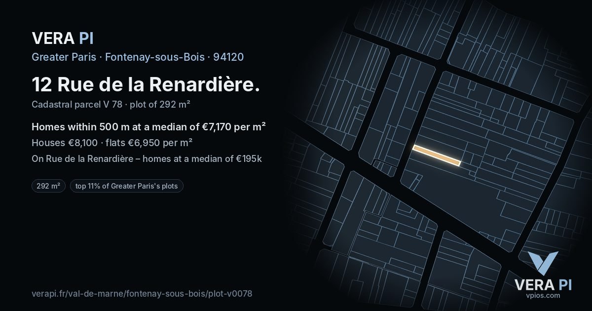 12 Rue de la Renardière, Fontenay-sous-Bois at night – the plot lit, the parcels around coloured by the prices near them