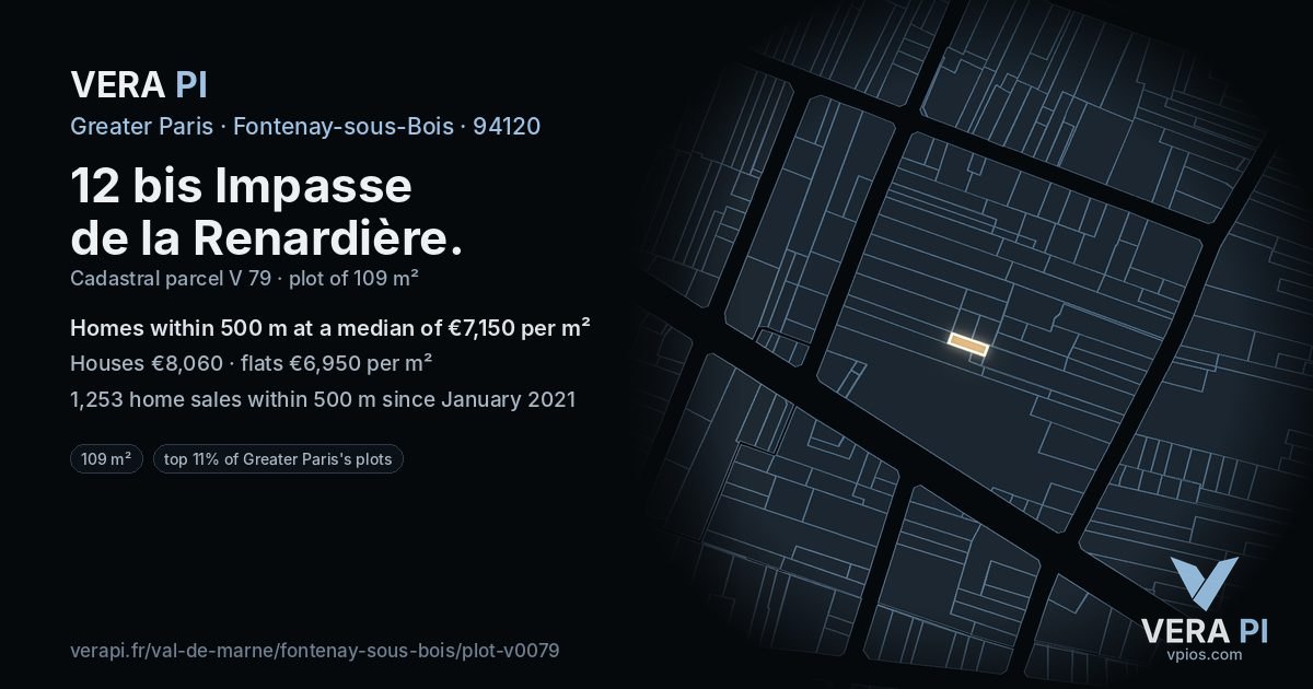 12 bis Impasse de la Renardière, Fontenay-sous-Bois at night – the plot lit, the parcels around coloured by the prices near them