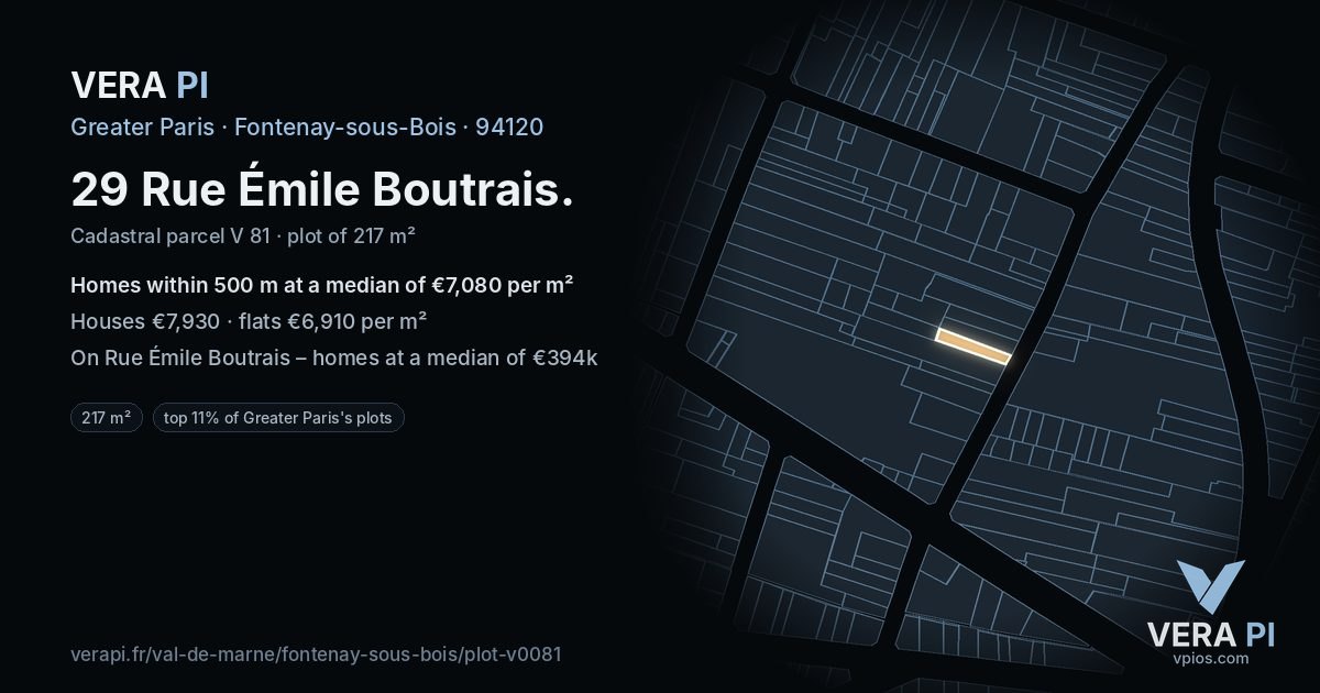 29 Rue Émile Boutrais, Fontenay-sous-Bois at night – the plot lit, the parcels around coloured by the prices near them