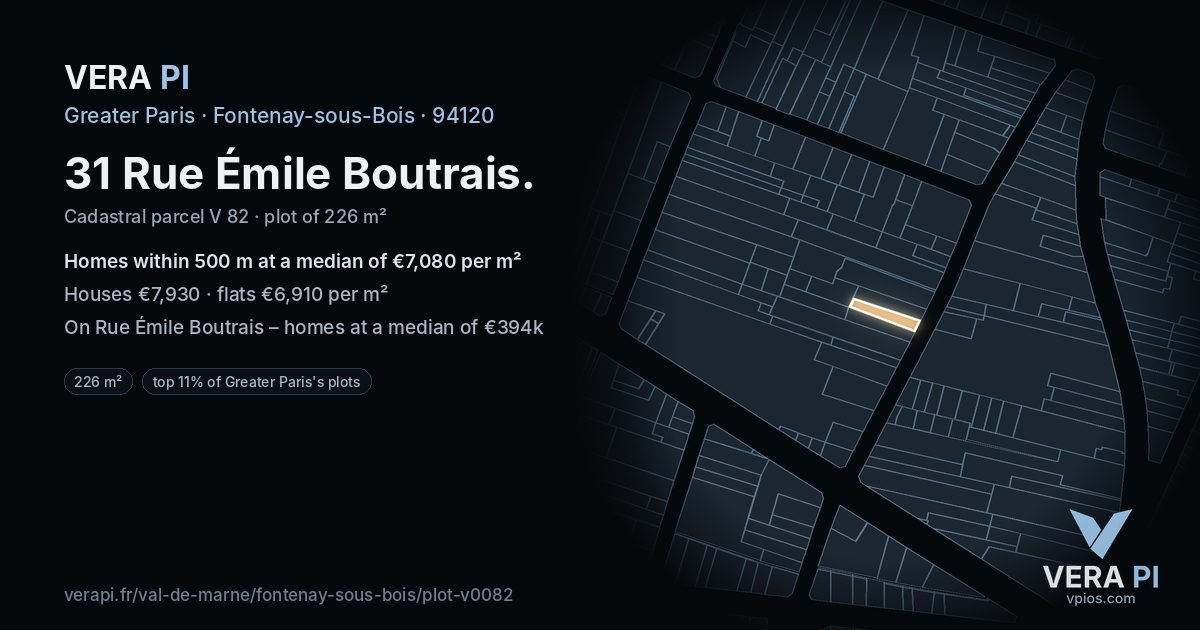 31 Rue Émile Boutrais, Fontenay-sous-Bois at night – the plot lit, the parcels around coloured by the prices near them