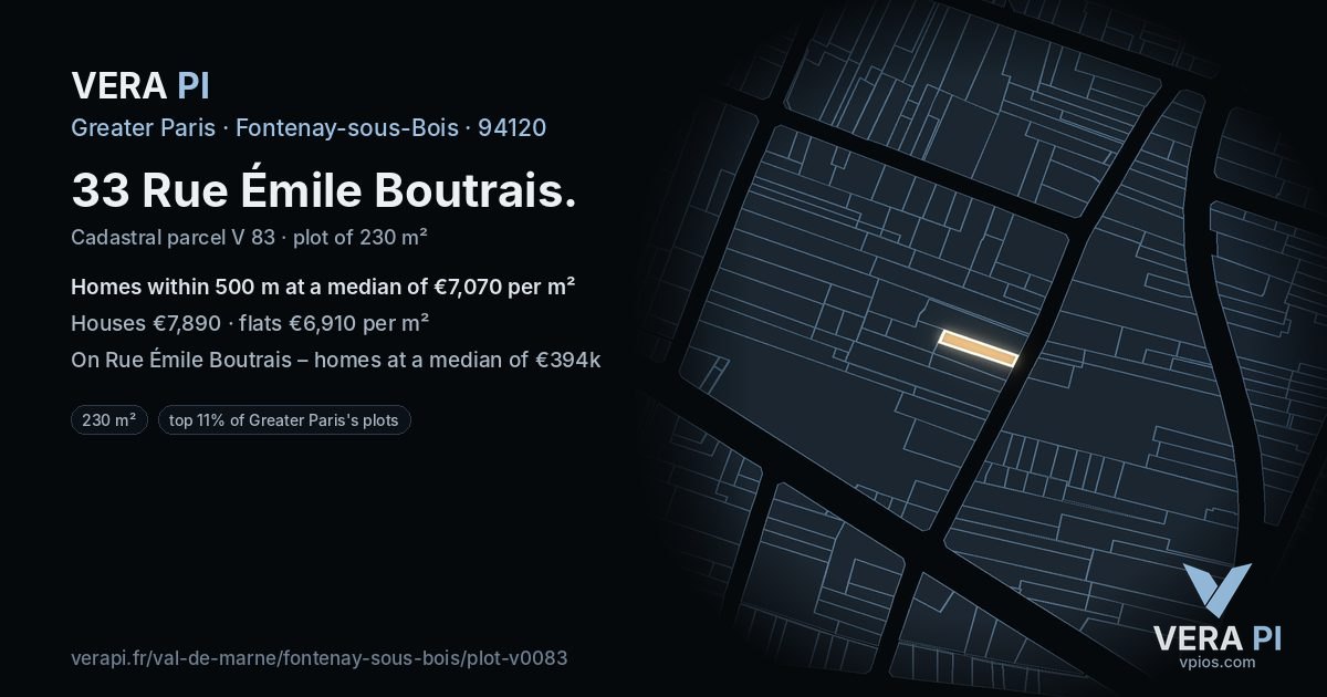 33 Rue Émile Boutrais, Fontenay-sous-Bois at night – the plot lit, the parcels around coloured by the prices near them