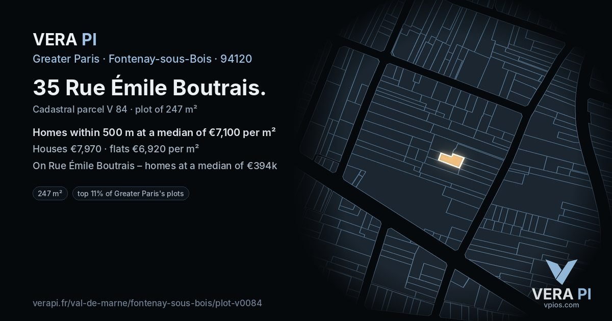 35 Rue Émile Boutrais, Fontenay-sous-Bois at night – the plot lit, the parcels around coloured by the prices near them