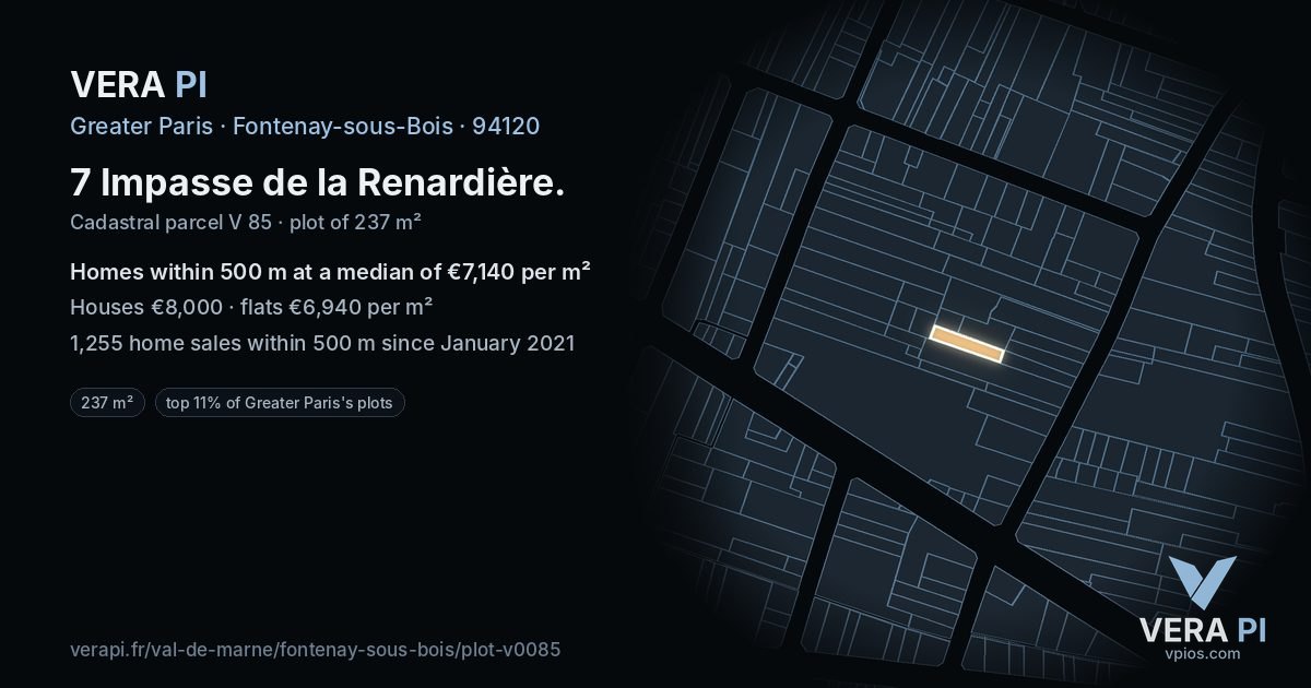 7 Impasse de la Renardière, Fontenay-sous-Bois at night – the plot lit, the parcels around coloured by the prices near them