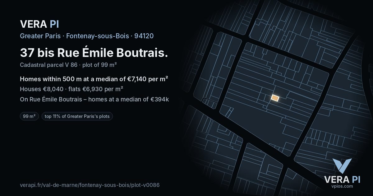 37 bis Rue Émile Boutrais, Fontenay-sous-Bois at night – the plot lit, the parcels around coloured by the prices near them
