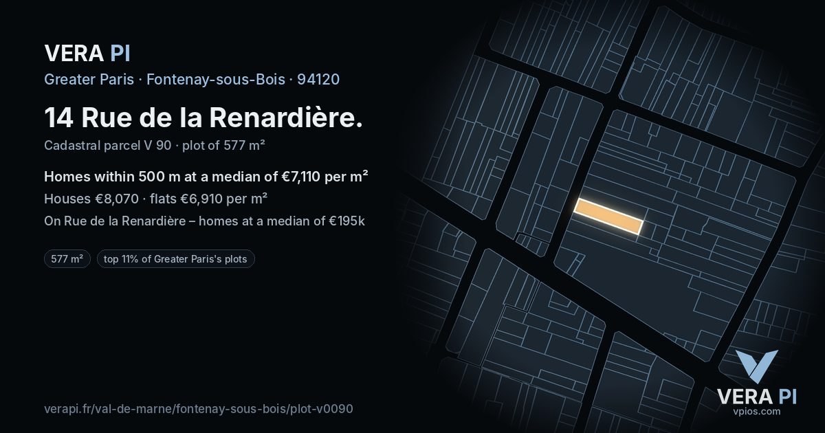 14 Rue de la Renardière, Fontenay-sous-Bois at night – the plot lit, the parcels around coloured by the prices near them
