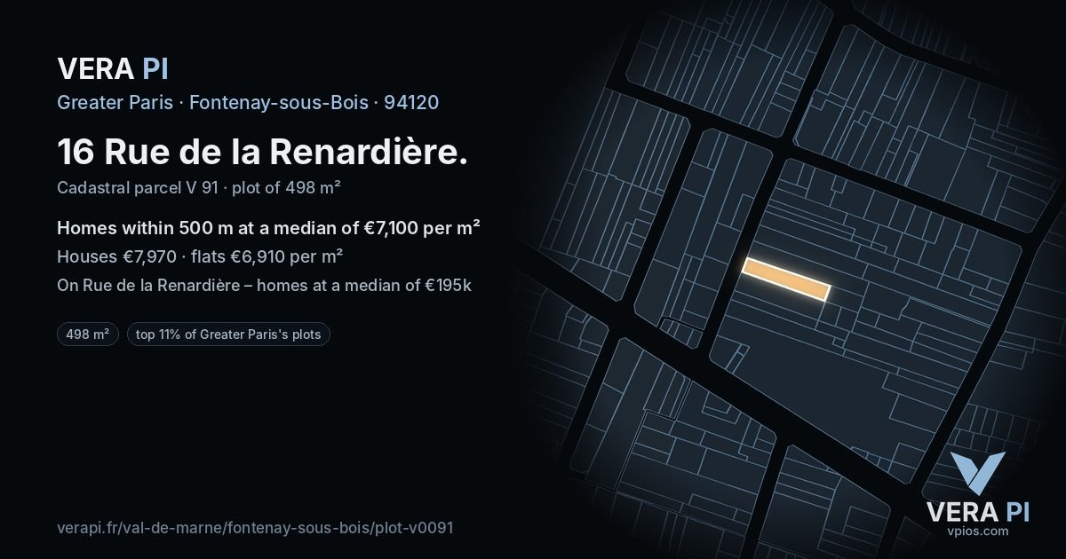 16 Rue de la Renardière, Fontenay-sous-Bois at night – the plot lit, the parcels around coloured by the prices near them