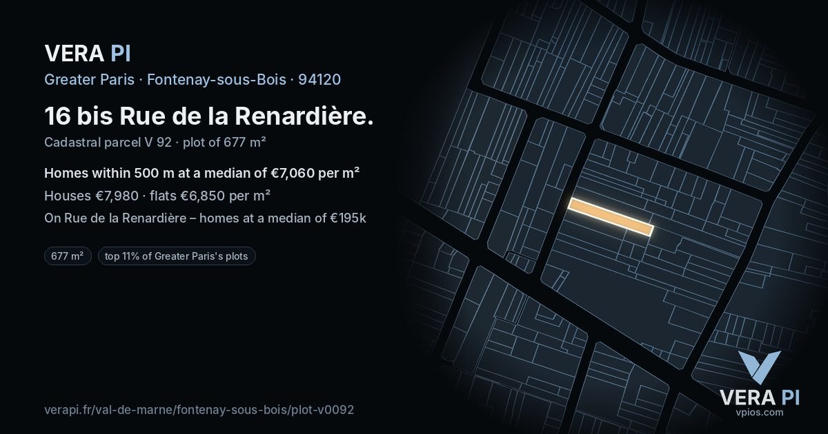 16 bis Rue de la Renardière, Fontenay-sous-Bois at night – the plot lit, the parcels around coloured by the prices near them
