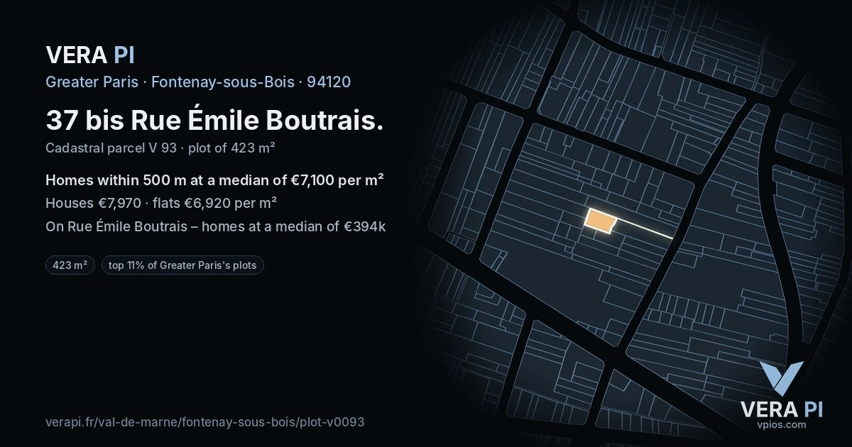 37 bis Rue Émile Boutrais, Fontenay-sous-Bois at night – the plot lit, the parcels around coloured by the prices near them
