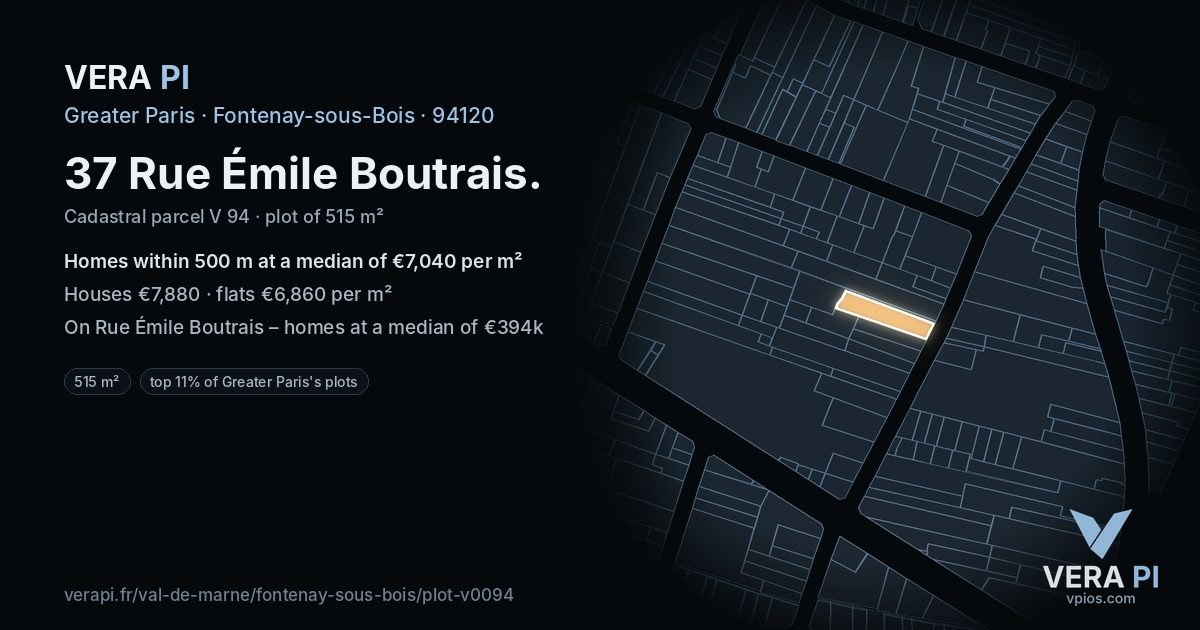 37 Rue Émile Boutrais, Fontenay-sous-Bois at night – the plot lit, the parcels around coloured by the prices near them