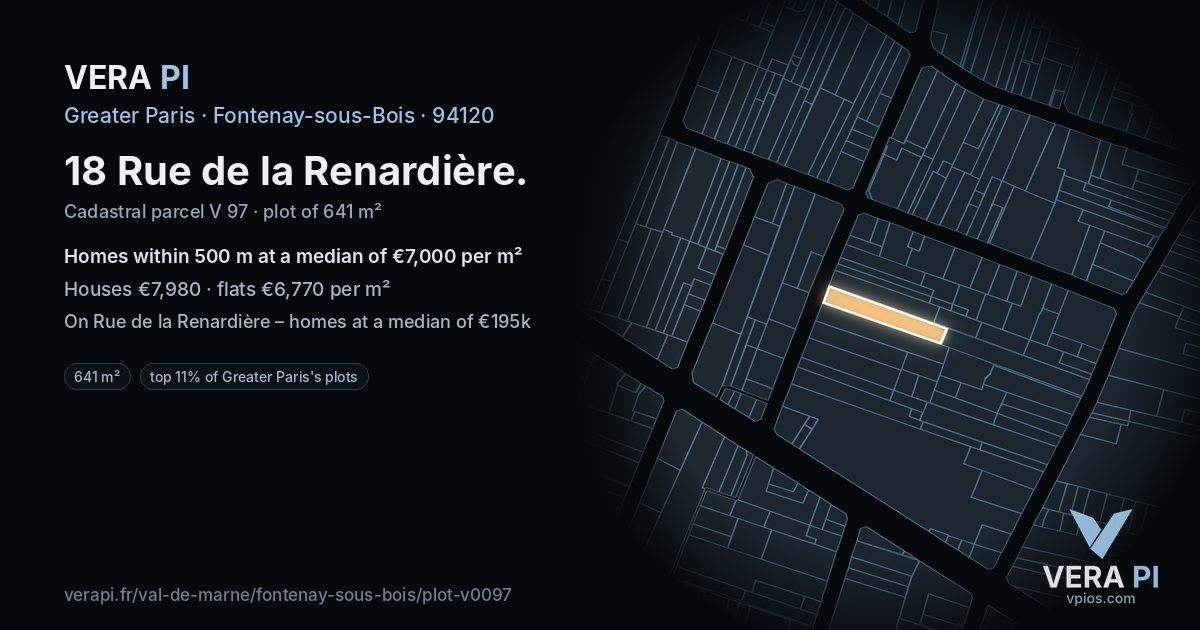 18 Rue de la Renardière, Fontenay-sous-Bois at night – the plot lit, the parcels around coloured by the prices near them