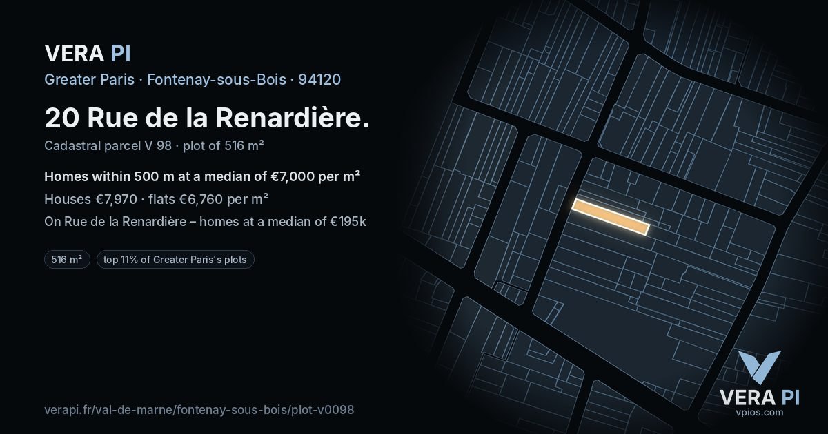 20 Rue de la Renardière, Fontenay-sous-Bois at night – the plot lit, the parcels around coloured by the prices near them