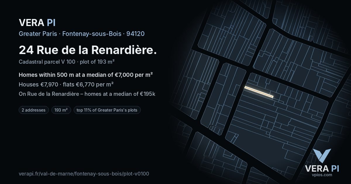 24 Rue de la Renardière, Fontenay-sous-Bois at night – the plot lit, the parcels around coloured by the prices near them