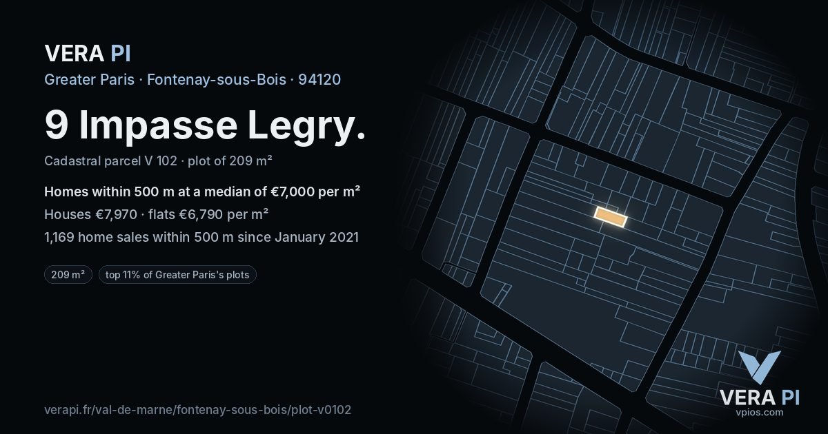 9 Impasse Legry, Fontenay-sous-Bois at night – the plot lit, the parcels around coloured by the prices near them