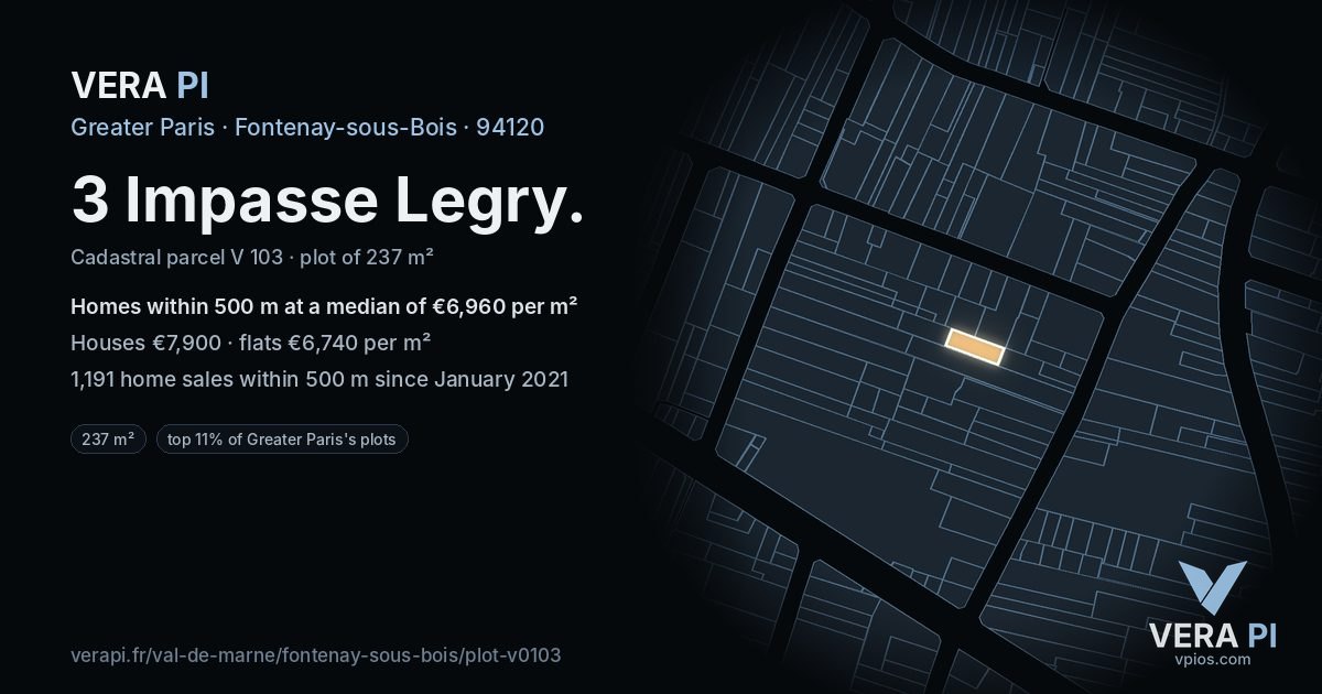 3 Impasse Legry, Fontenay-sous-Bois at night – the plot lit, the parcels around coloured by the prices near them