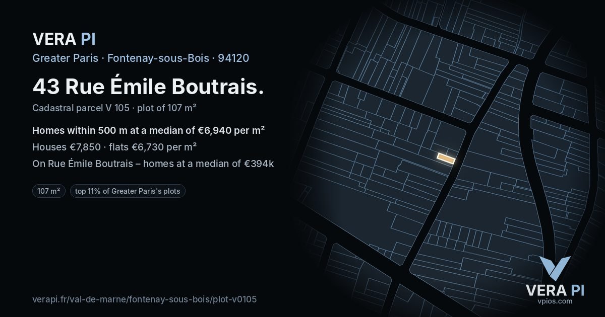 43 Rue Émile Boutrais, Fontenay-sous-Bois at night – the plot lit, the parcels around coloured by the prices near them