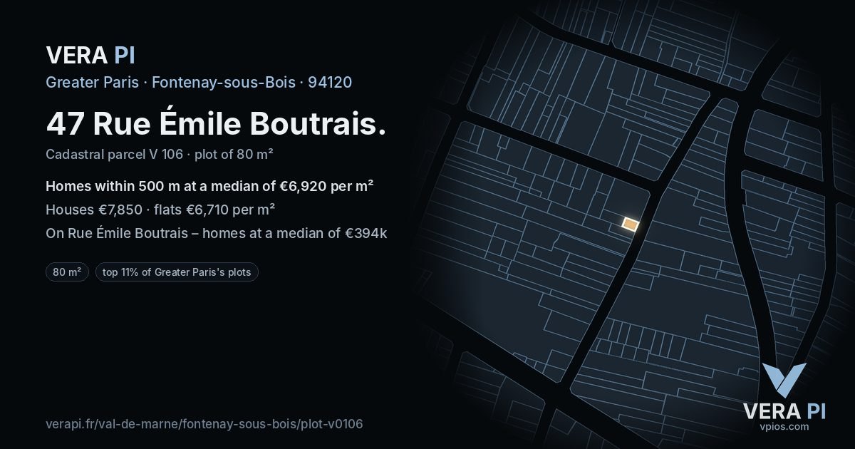47 Rue Émile Boutrais, Fontenay-sous-Bois at night – the plot lit, the parcels around coloured by the prices near them