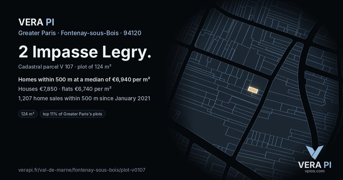 2 Impasse Legry, Fontenay-sous-Bois at night – the plot lit, the parcels around coloured by the prices near them