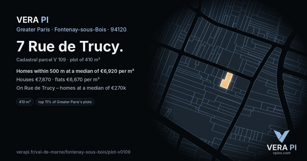 7 Rue de Trucy, Fontenay-sous-Bois at night – the plot lit, the parcels around coloured by the prices near them