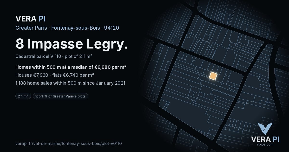 8 Impasse Legry, Fontenay-sous-Bois at night – the plot lit, the parcels around coloured by the prices near them