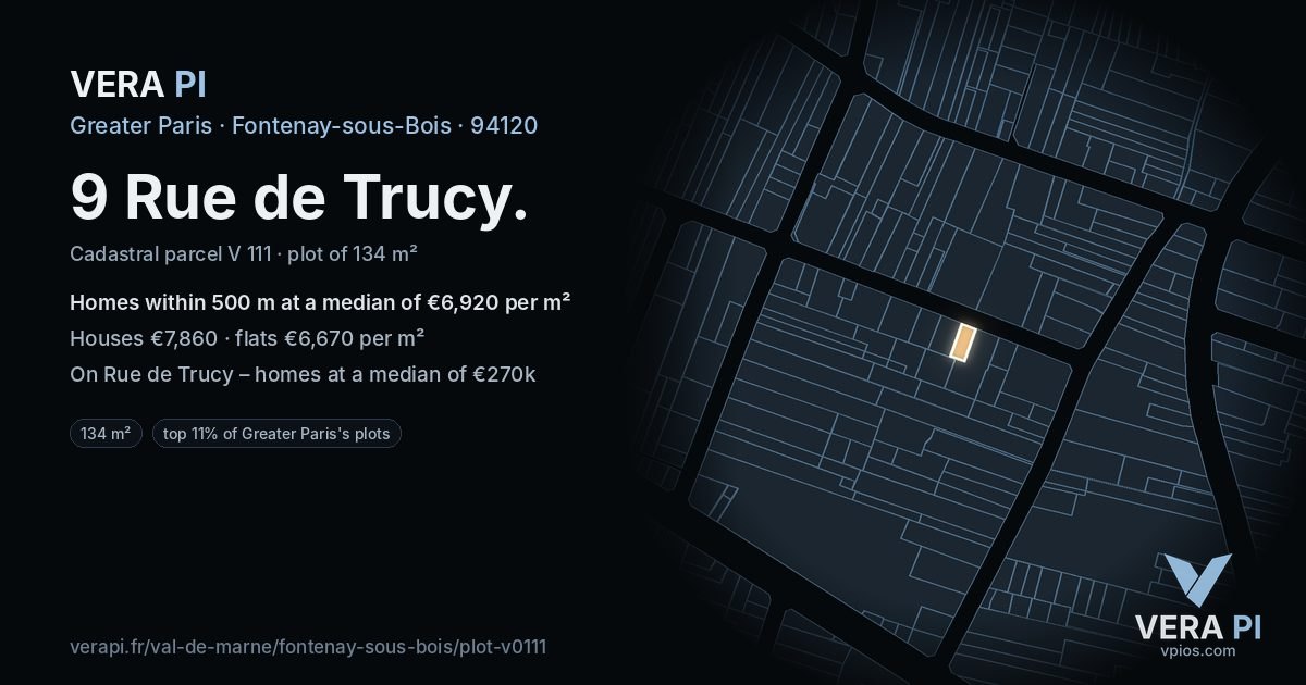 9 Rue de Trucy, Fontenay-sous-Bois at night – the plot lit, the parcels around coloured by the prices near them