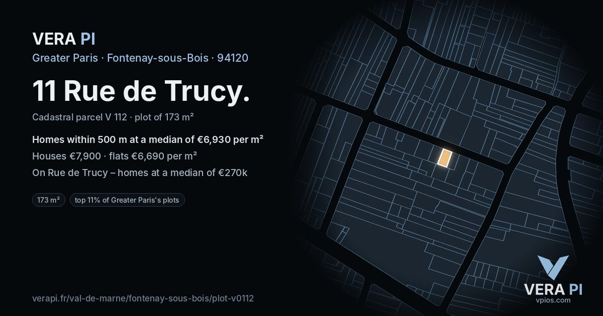 11 Rue de Trucy, Fontenay-sous-Bois at night – the plot lit, the parcels around coloured by the prices near them