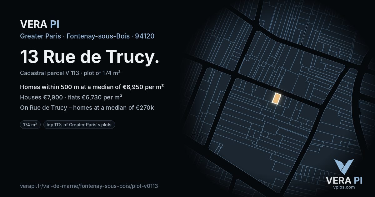 13 Rue de Trucy, Fontenay-sous-Bois at night – the plot lit, the parcels around coloured by the prices near them