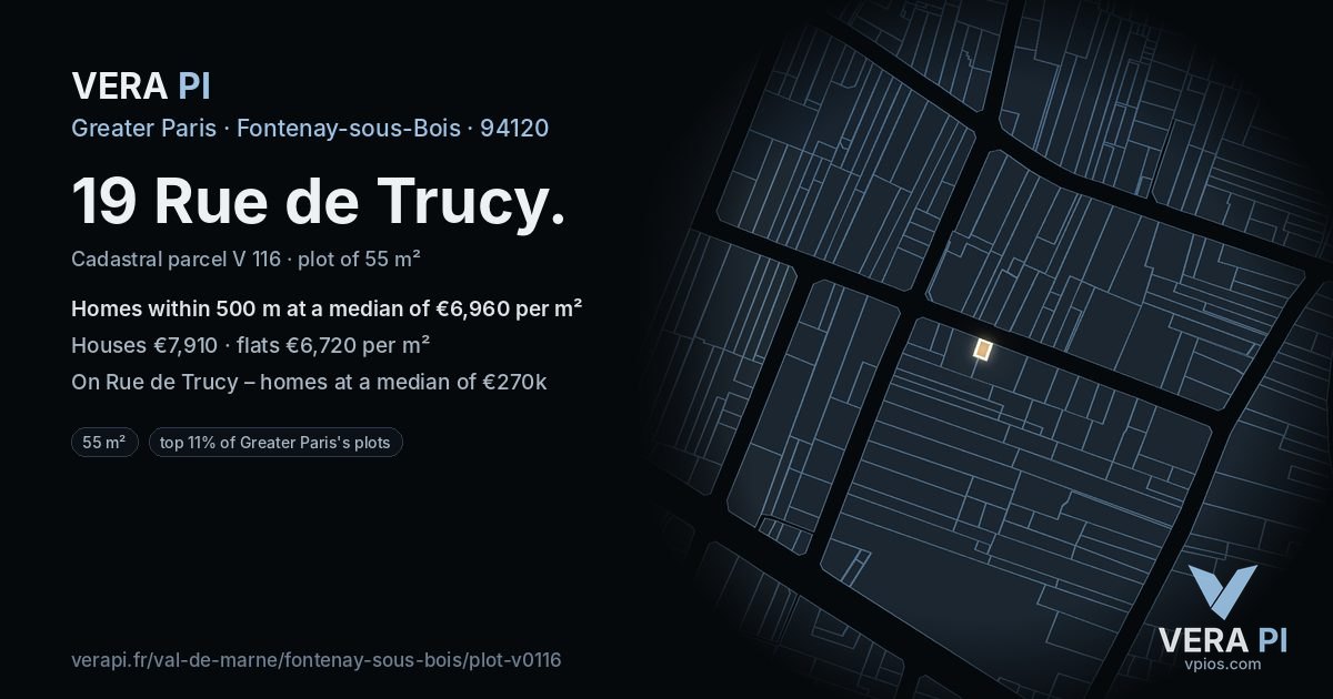 19 Rue de Trucy, Fontenay-sous-Bois at night – the plot lit, the parcels around coloured by the prices near them
